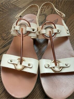 Ancient Greek Sandals Cream and Rose Gold Ring-Detail Slingbacks